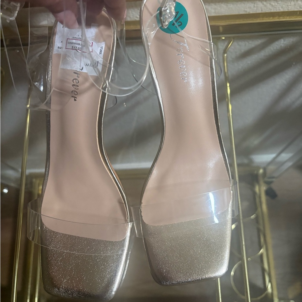 Clear Strap Metallic Gold Block Heel Sandals - Women